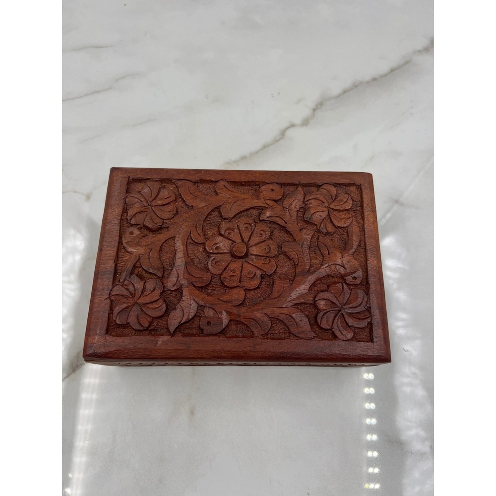 Vintage Hand Carved Floral Wooden Jewelry Box Trinket Keepsake Boho Dark Wood - Picture 5 of 11
